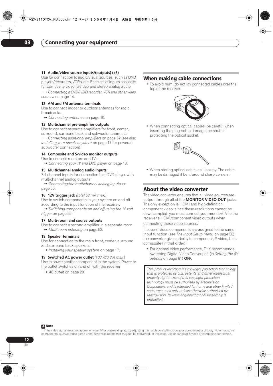 Connecting your equipment 03, When making cable connections, About the video converter | Pioneer VSX-9110TXV-K User Manual | Page 12 / 84