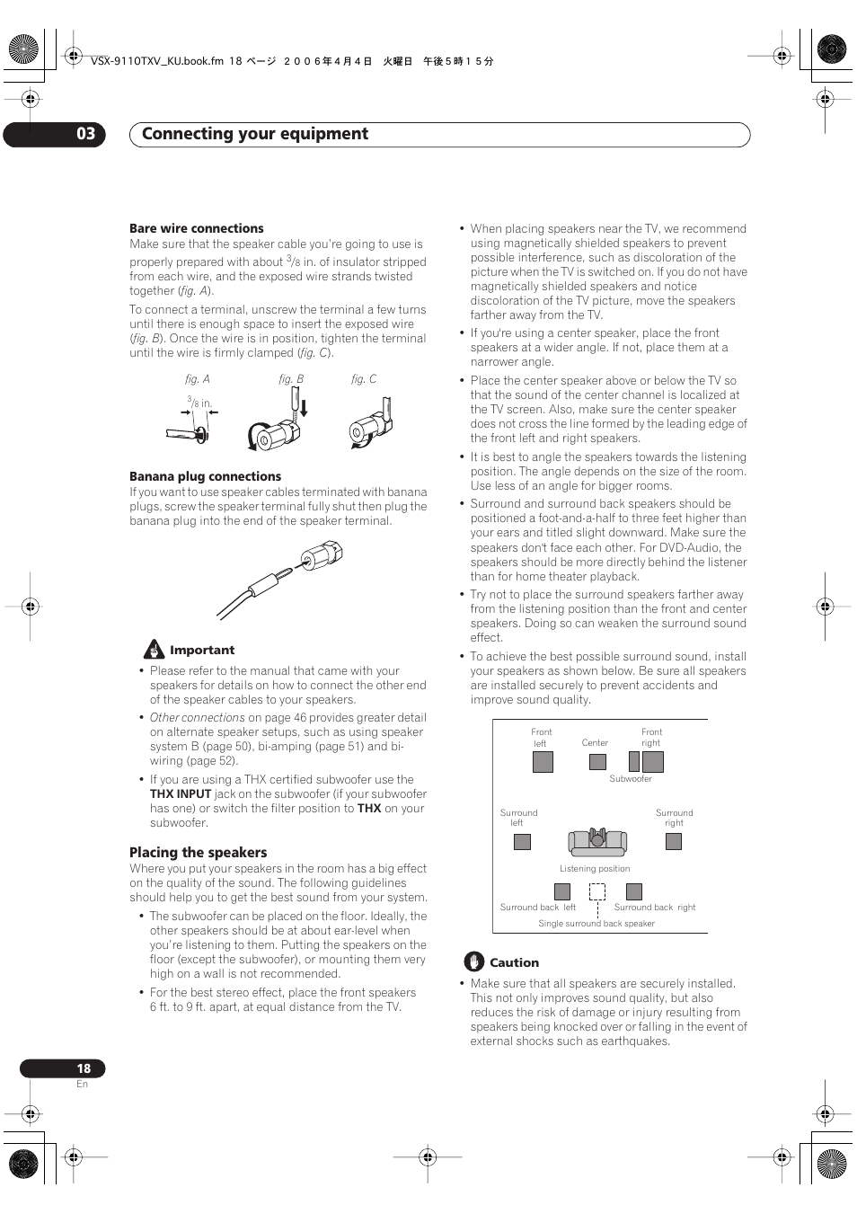 Placing the speakers, Connecting your equipment 03 | Pioneer VSX-9110TXV-K User Manual | Page 18 / 84