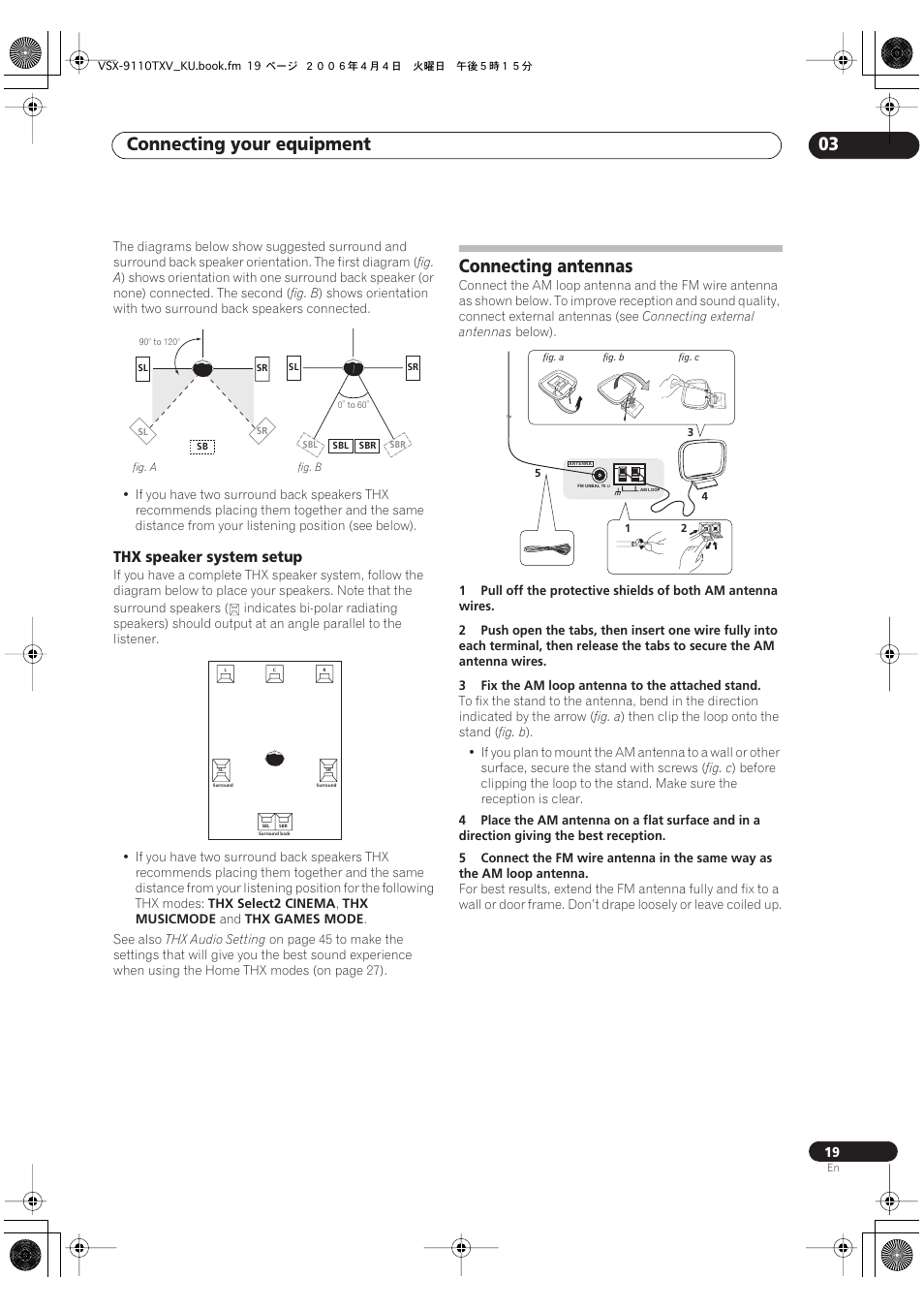 Thx speaker system setup, Connecting antennas, Connecting your equipment 03 | Pioneer VSX-9110TXV-K User Manual | Page 19 / 84