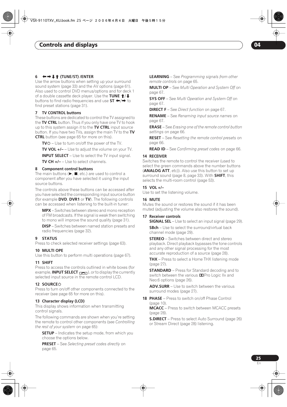 Controls and displays 04 | Pioneer VSX-9110TXV-K User Manual | Page 25 / 84