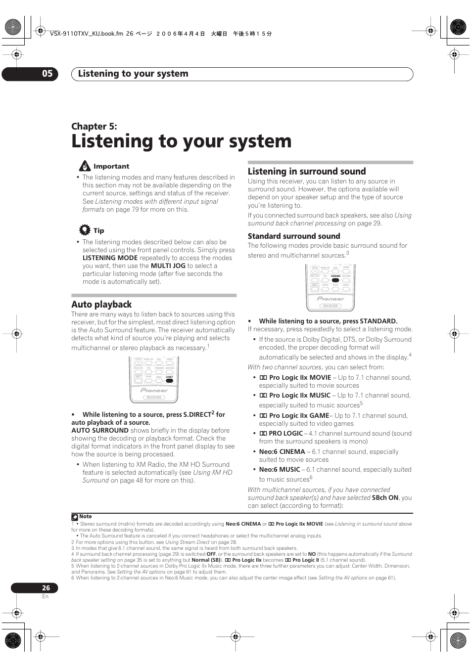 05 listening to your system, Auto playback listening in surround sound, Standard surround sound | Listening to your system, Listening to your system 05, Chapter 5, Auto playback, Listening in surround sound | Pioneer VSX-9110TXV-K User Manual | Page 26 / 84