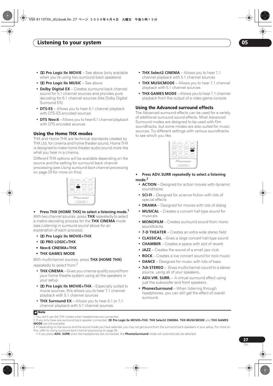 Listening to your system 05, Using the home thx modes, Using the advanced surround effects | Pioneer VSX-9110TXV-K User Manual | Page 27 / 84