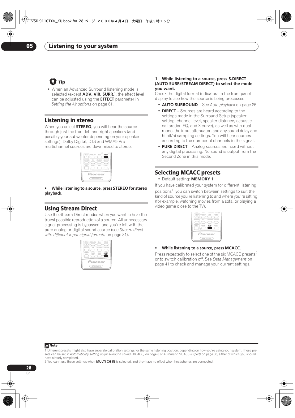 Listening to your system 05, Listening in stereo, Using stream direct | Selecting mcacc presets | Pioneer VSX-9110TXV-K User Manual | Page 28 / 84