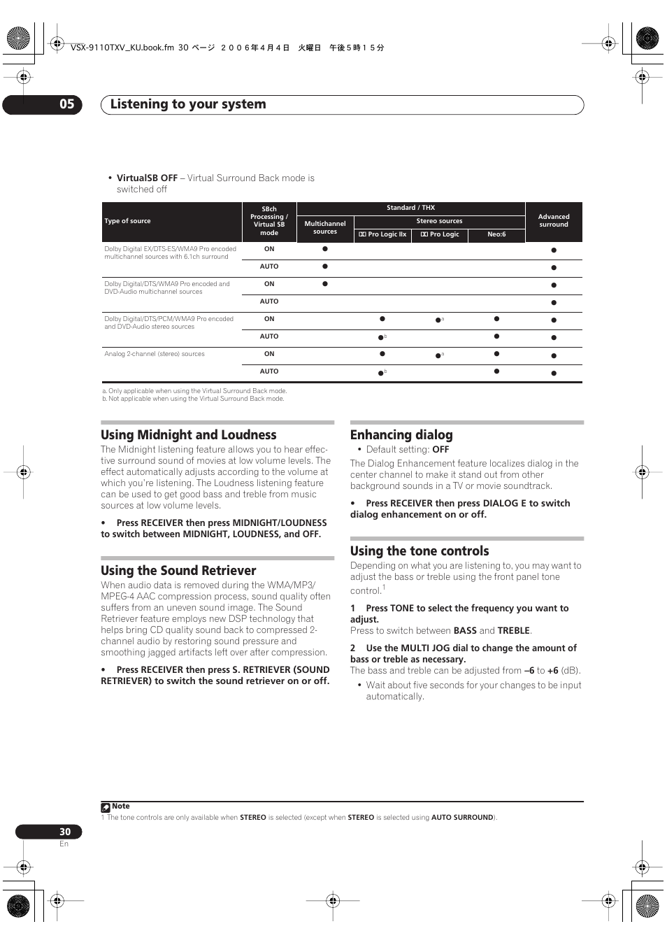 Listening to your system 05, Using midnight and loudness, Using the sound retriever | Enhancing dialog, Using the tone controls | Pioneer VSX-9110TXV-K User Manual | Page 30 / 84