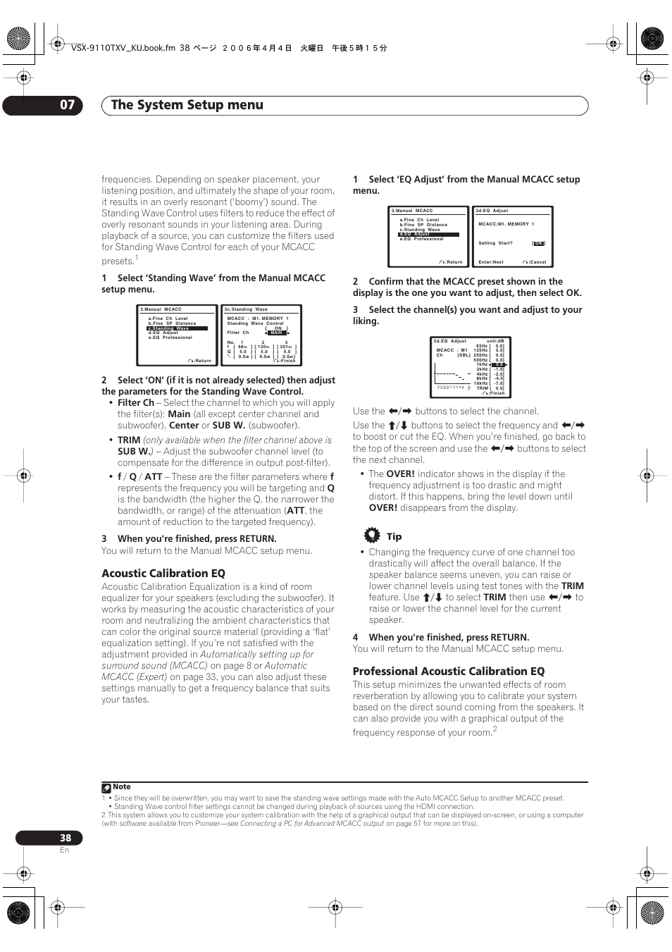 The system setup menu 07, Acoustic calibration eq, Professional acoustic calibration eq | Pioneer VSX-9110TXV-K User Manual | Page 38 / 84