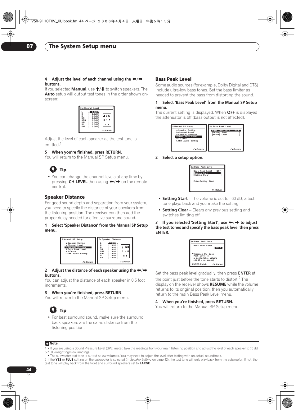 Speaker distance bass peak level, The system setup menu 07, Speaker distance | Bass peak level | Pioneer VSX-9110TXV-K User Manual | Page 44 / 84