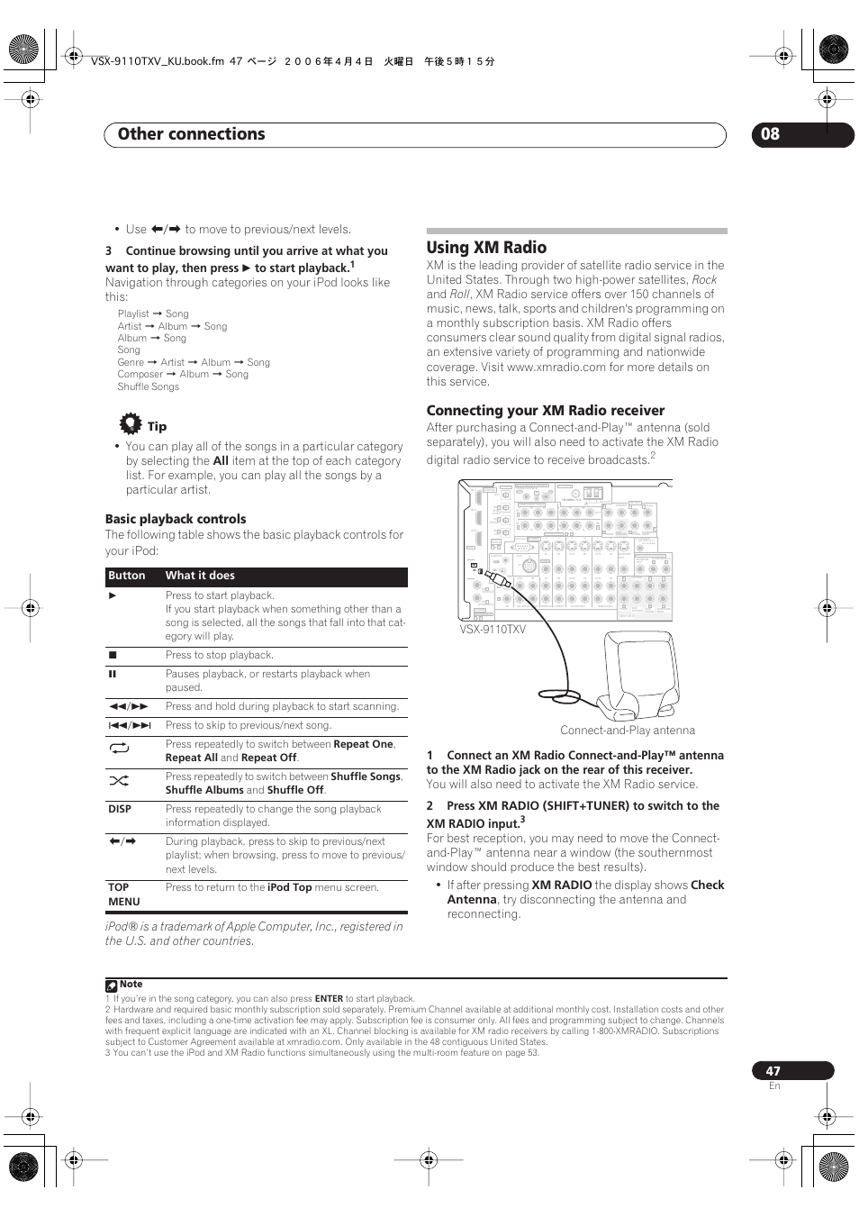 Using xm radio, Connecting your xm radio receiver, Other connections 08 | Basic playback controls, Rock, Roll, 2press, Xm radio (shift+tuner), Xm radio, The display shows | Pioneer VSX-9110TXV-K User Manual | Page 47 / 84