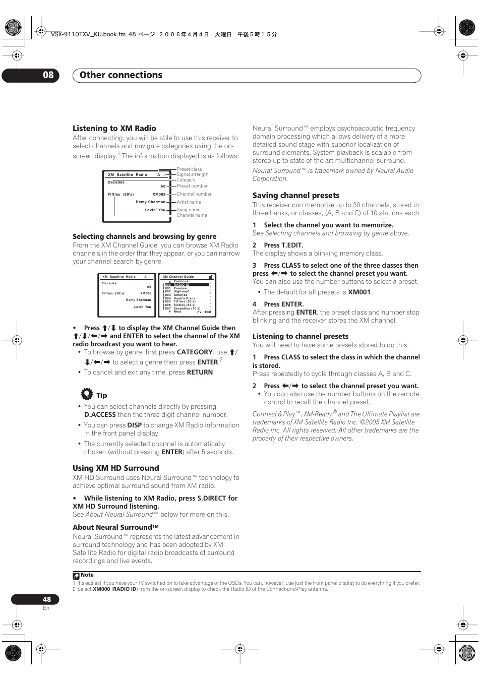 Other connections 08, Listening to xm radio, Using xm hd surround | Saving channel presets | Pioneer VSX-9110TXV-K User Manual | Page 48 / 84