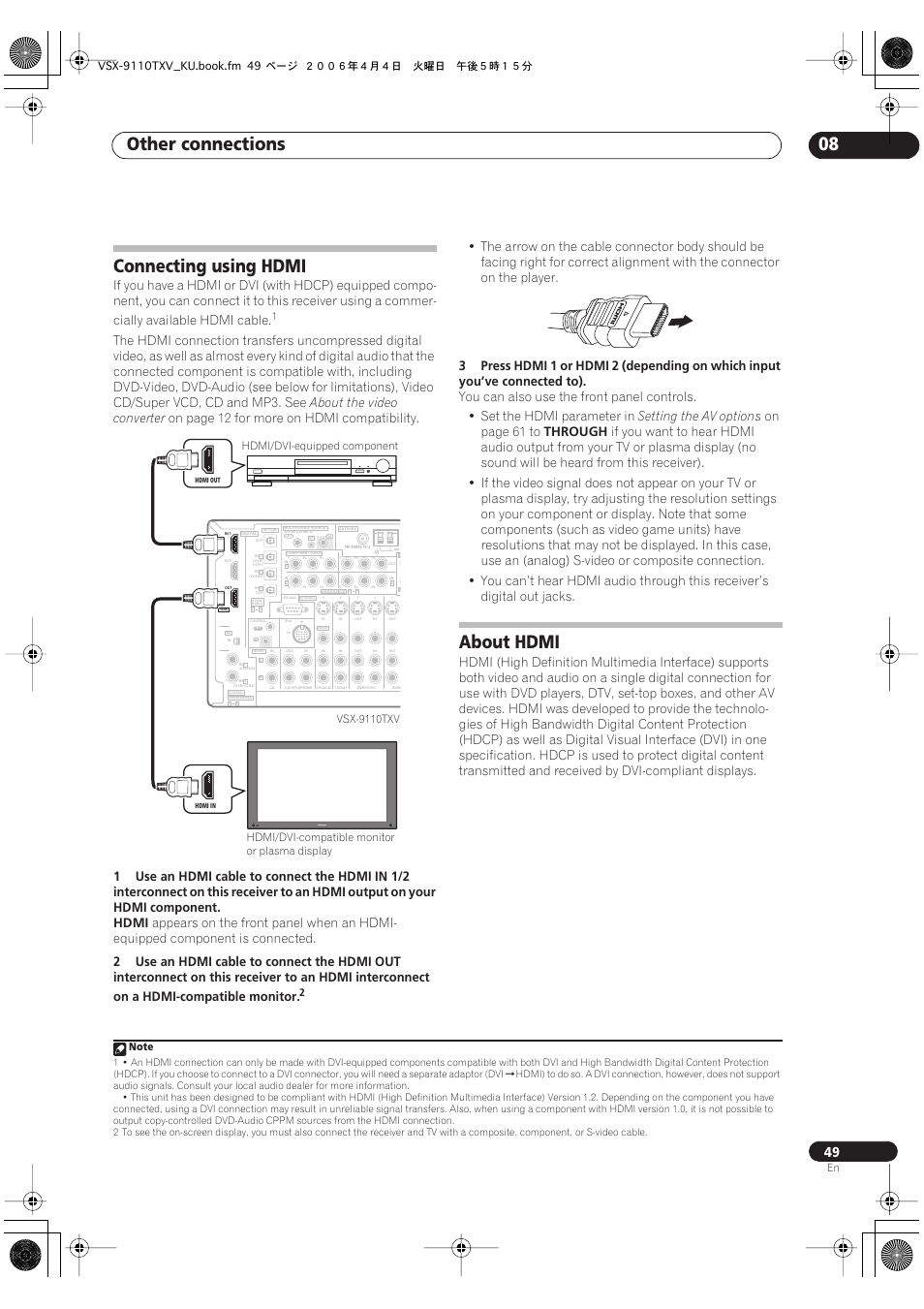 Connecting using hdmi about hdmi, Other connections 08, Connecting using hdmi | About hdmi, About the video converter, On page 12 for more on hdmi compatibility, Hdmi, Setting the av options, On page 61 to, Through | Pioneer VSX-9110TXV-K User Manual | Page 49 / 84
