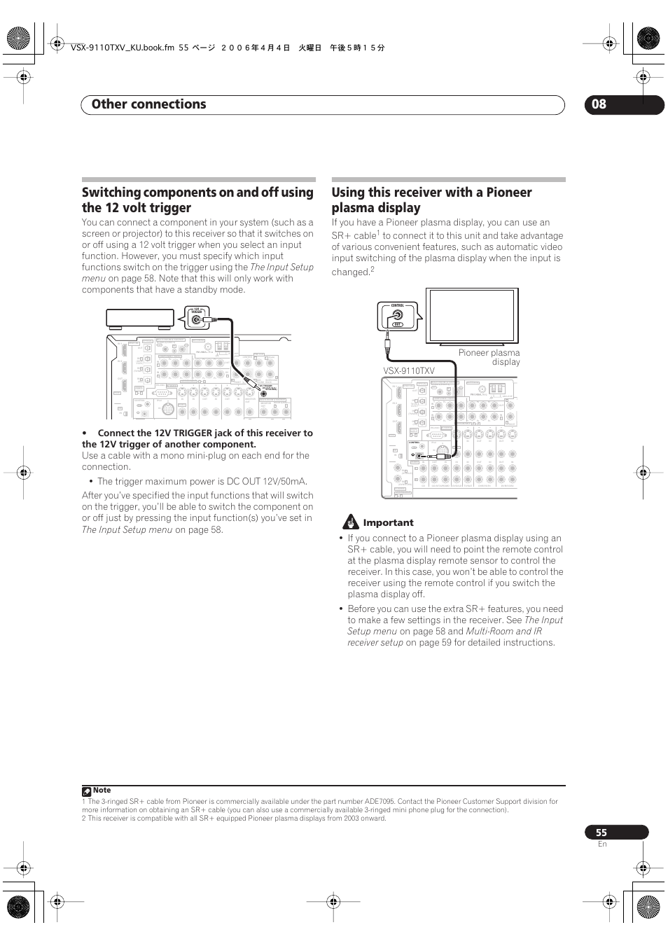 Other connections 08, Using this receiver with a pioneer plasma display, The input setup menu | On page 58, Important, On page 58 and, Multi-room and ir receiver setup, On page 59 for detailed instructions, Pioneer plasma display vsx-9110txv | Pioneer VSX-9110TXV-K User Manual | Page 55 / 84