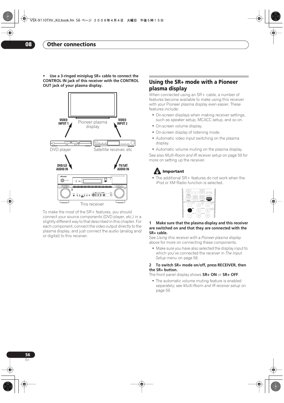 Using the sr+ mode with a pioneer plasma display, Other connections 08 | Pioneer VSX-9110TXV-K User Manual | Page 56 / 84