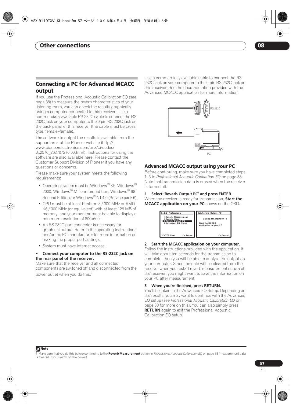 Connecting a pc for advanced mcacc output, Advanced mcacc output using your pc, Other connections 08 | Pioneer VSX-9110TXV-K User Manual | Page 57 / 84