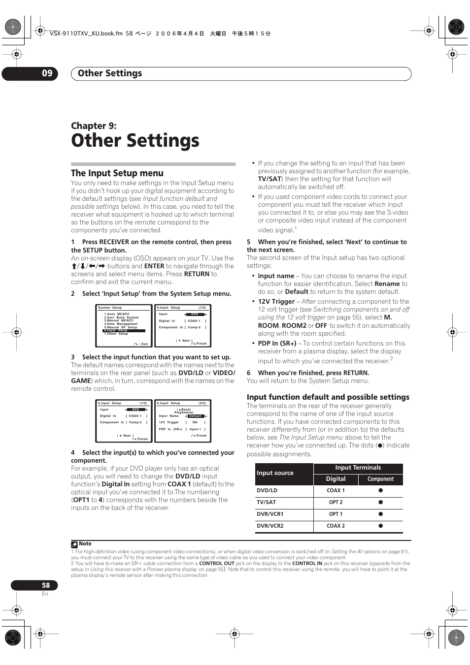 09 other settings, The input setup menu, Input function default and possible settings | Other settings, Other settings 09, Chapter 9 | Pioneer VSX-9110TXV-K User Manual | Page 58 / 84