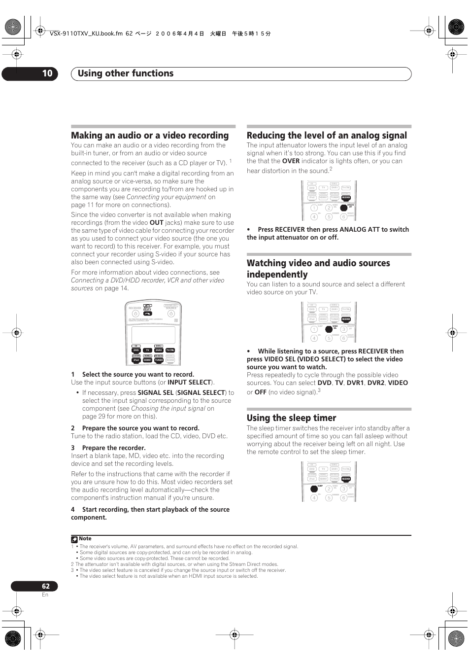 Using other functions 10, Making an audio or a video recording, Reducing the level of an analog signal | Watching video and audio sources independently, Using the sleep timer | Pioneer VSX-9110TXV-K User Manual | Page 62 / 84