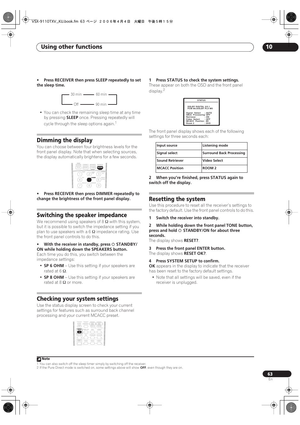 Using other functions 10, Dimming the display, Switching the speaker impedance | Checking your system settings, Resetting the system | Pioneer VSX-9110TXV-K User Manual | Page 63 / 84