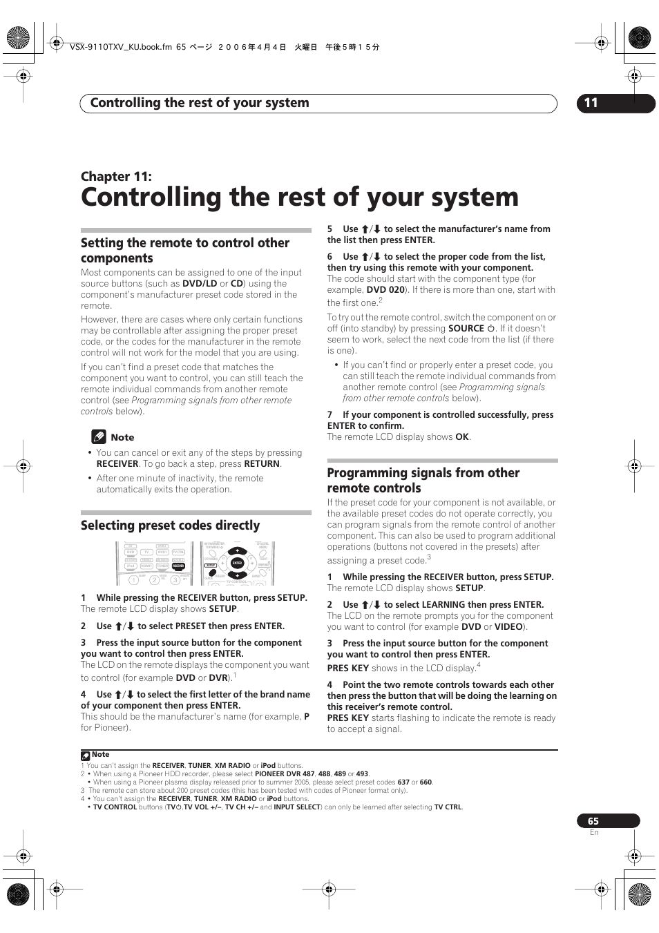 11 controlling the rest of your system, Controlling the rest of your system, Controlling the rest of your system 11 | Chapter 11, Setting the remote to control other components, Selecting preset codes directly, Programming signals from other remote controls | Pioneer VSX-9110TXV-K User Manual | Page 65 / 84