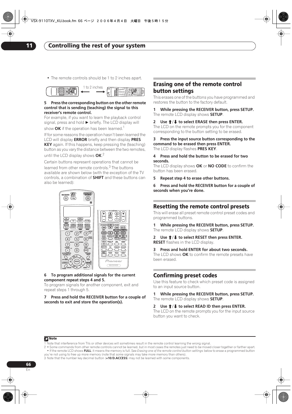 Controlling the rest of your system 11, Erasing one of the remote control button settings, Resetting the remote control presets | Confirming preset codes | Pioneer VSX-9110TXV-K User Manual | Page 66 / 84