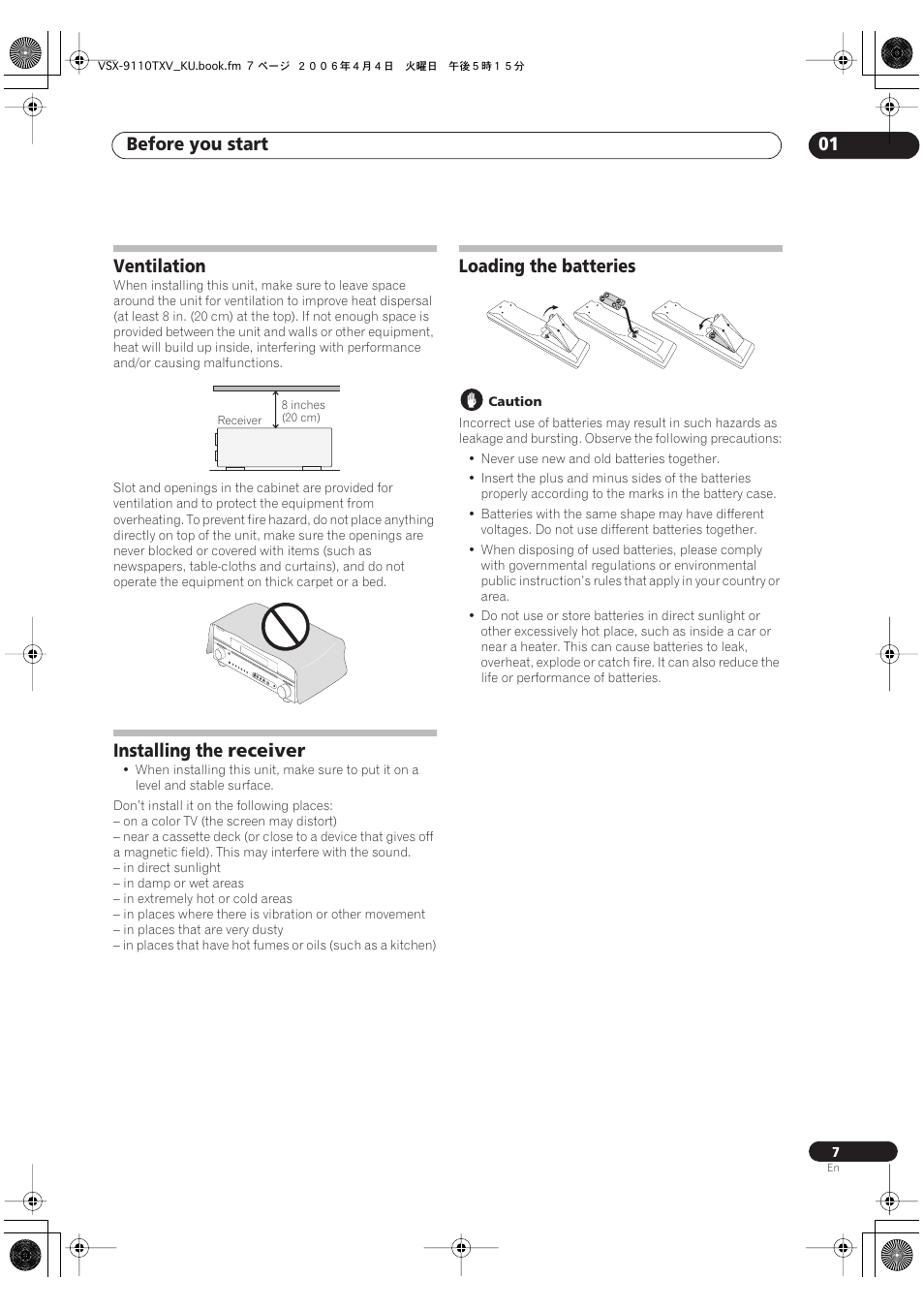 Before you start 01, Ventilation, Installing the receiver | Loading the batteries | Pioneer VSX-9110TXV-K User Manual | Page 7 / 84