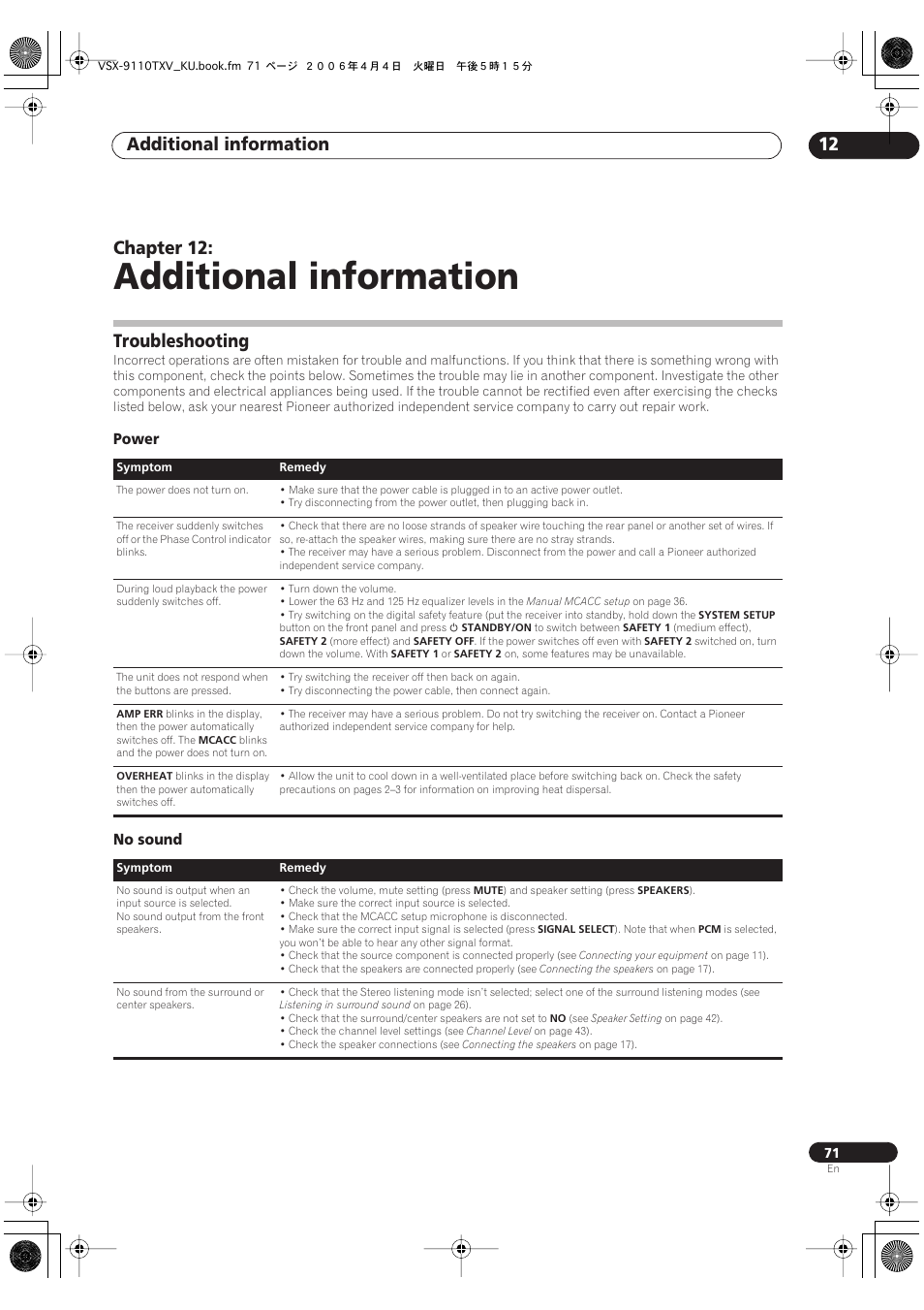 12 additional information, Troubleshooting, Power no sound | Additional information, Additional information 12, Chapter 12 | Pioneer VSX-9110TXV-K User Manual | Page 71 / 84