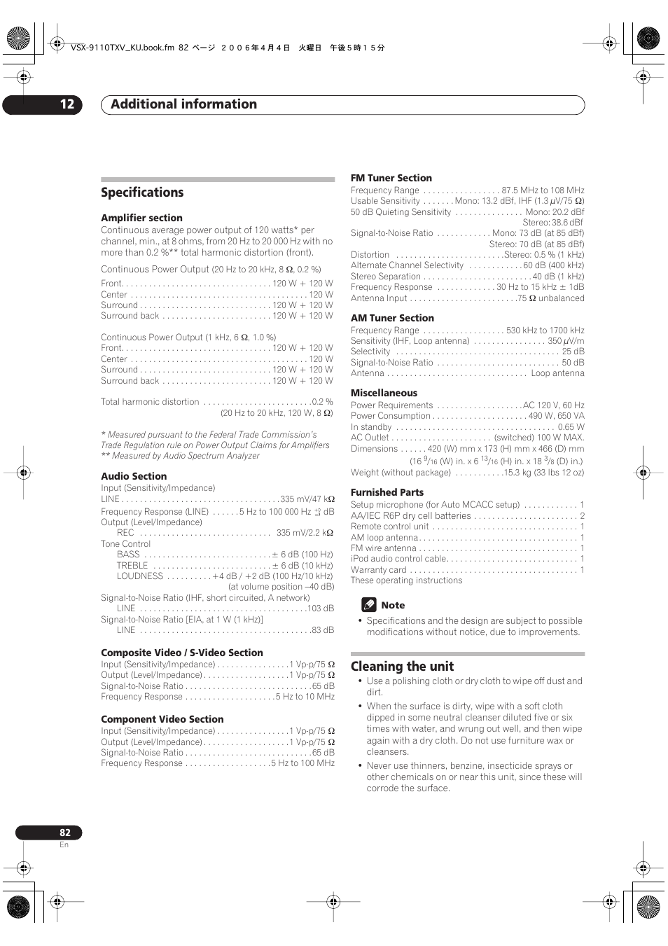 Specifications cleaning the unit, Additional information 12, Specifications | Cleaning the unit | Pioneer VSX-9110TXV-K User Manual | Page 82 / 84