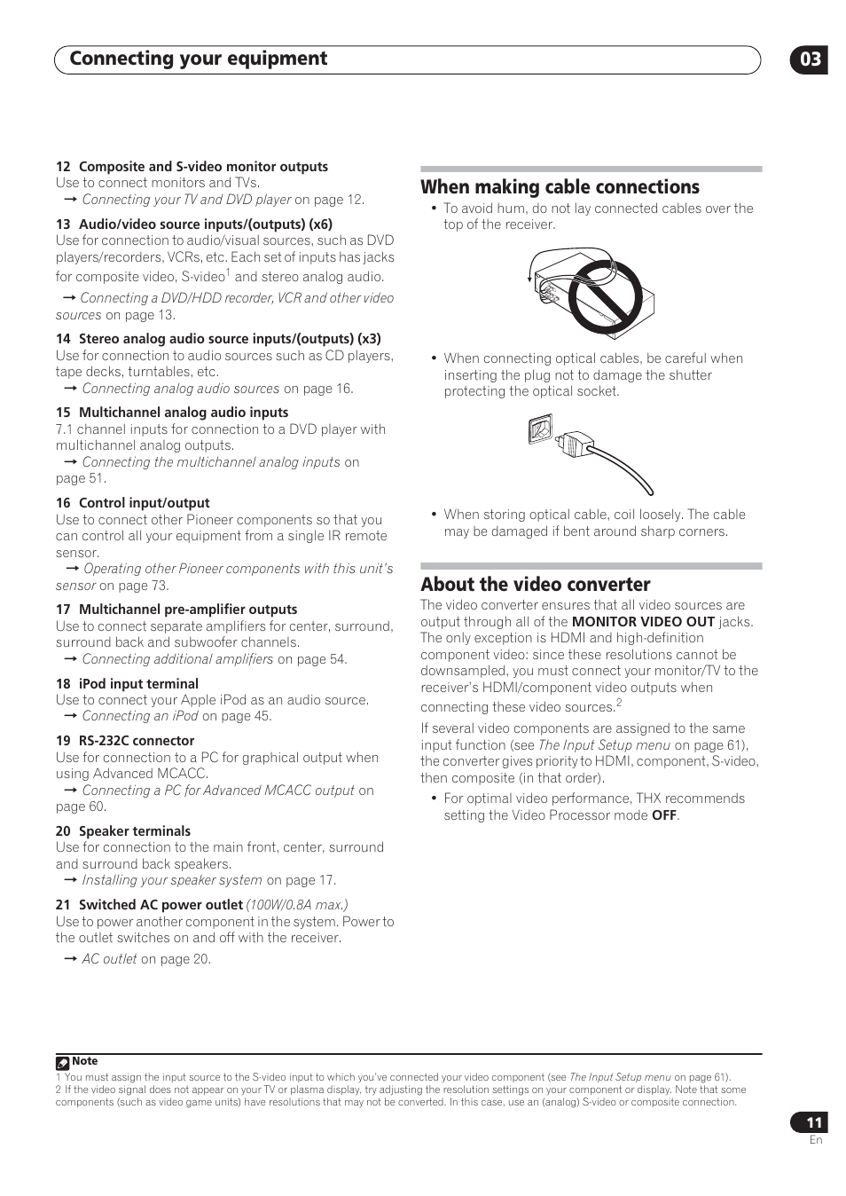 Connecting your equipment 03, When making cable connections, About the video converter | Pioneer VSX-72TXV User Manual | Page 11 / 88