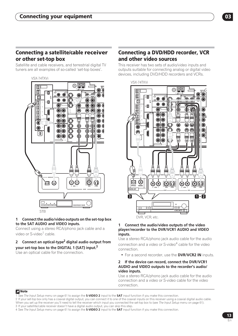 Connecting your equipment 03, Cable. 2 connect an optical-type, Use an optical cable for the connection | Stb vsx-74txvi, Vsx-74txvi, Dvr, vcr, etc. 1 2 3 | Pioneer VSX-72TXV User Manual | Page 13 / 88