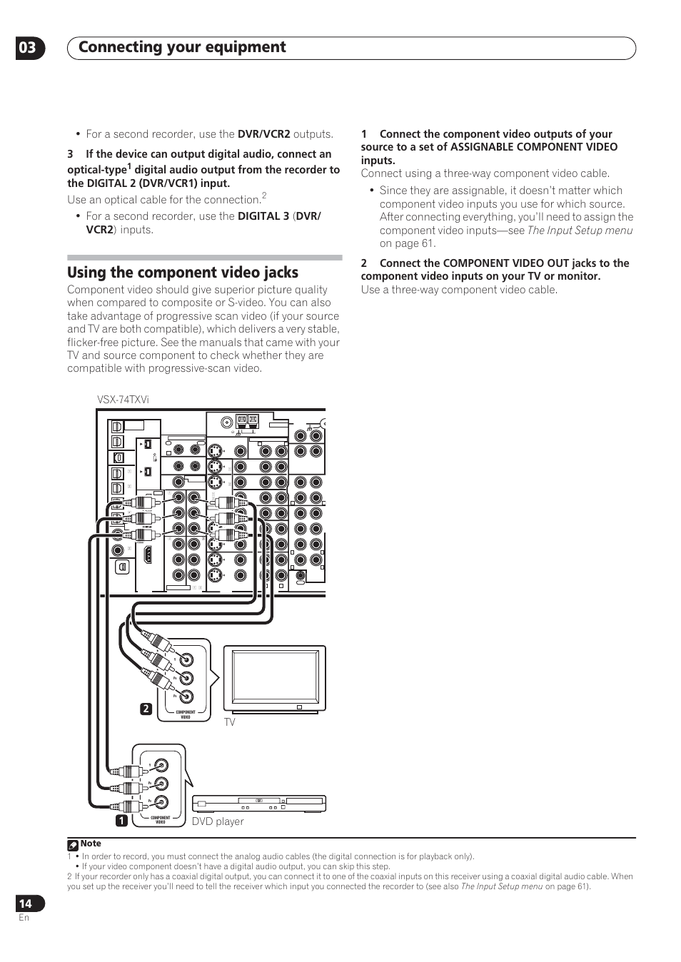 Connecting your equipment 03, Using the component video jacks, Vsx-74txvi | 21 tv dvd player | Pioneer VSX-72TXV User Manual | Page 14 / 88