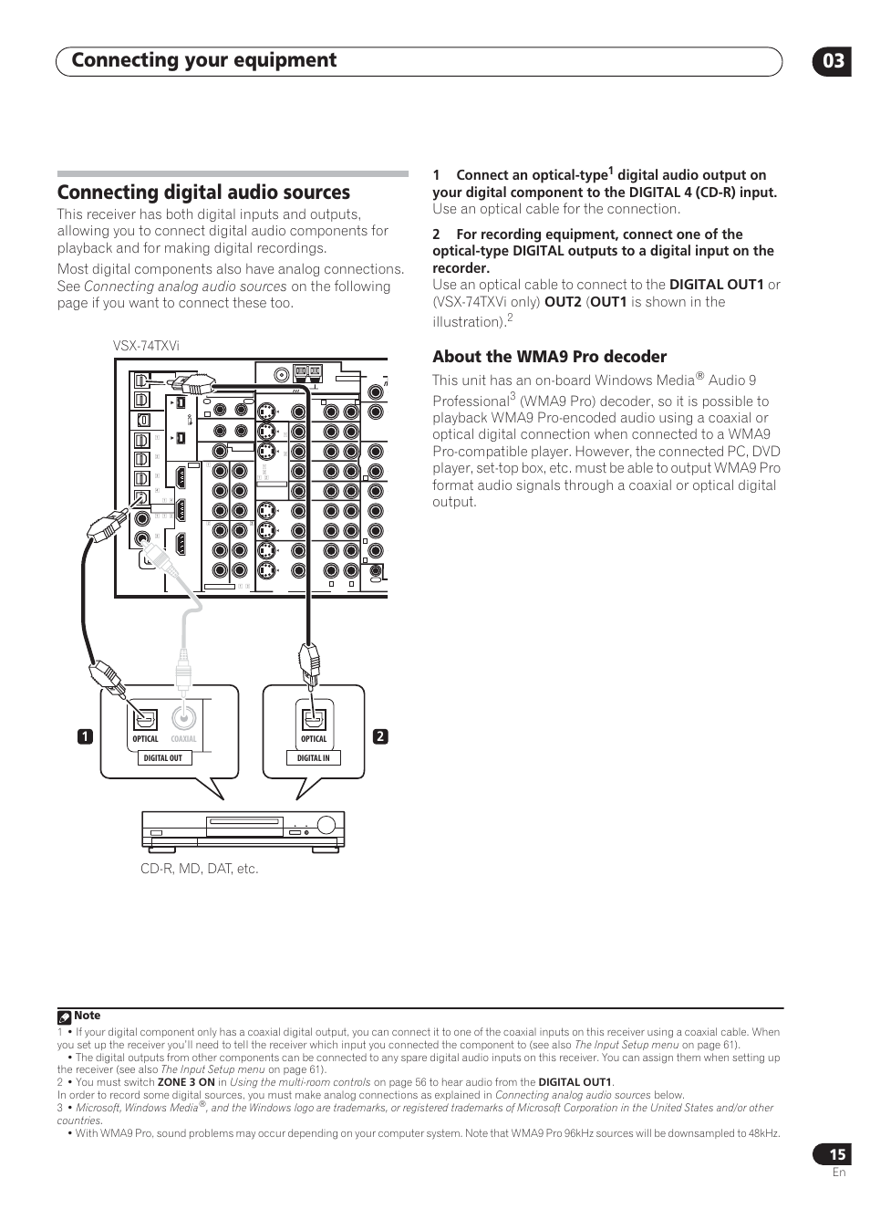 Connecting your equipment 03, Connecting digital audio sources, About the wma9 pro decoder | This unit has an on-board windows media, Audio 9 professional, Vsx-74txvi, Cd-r, md, dat, etc. 1 2 | Pioneer VSX-72TXV User Manual | Page 15 / 88