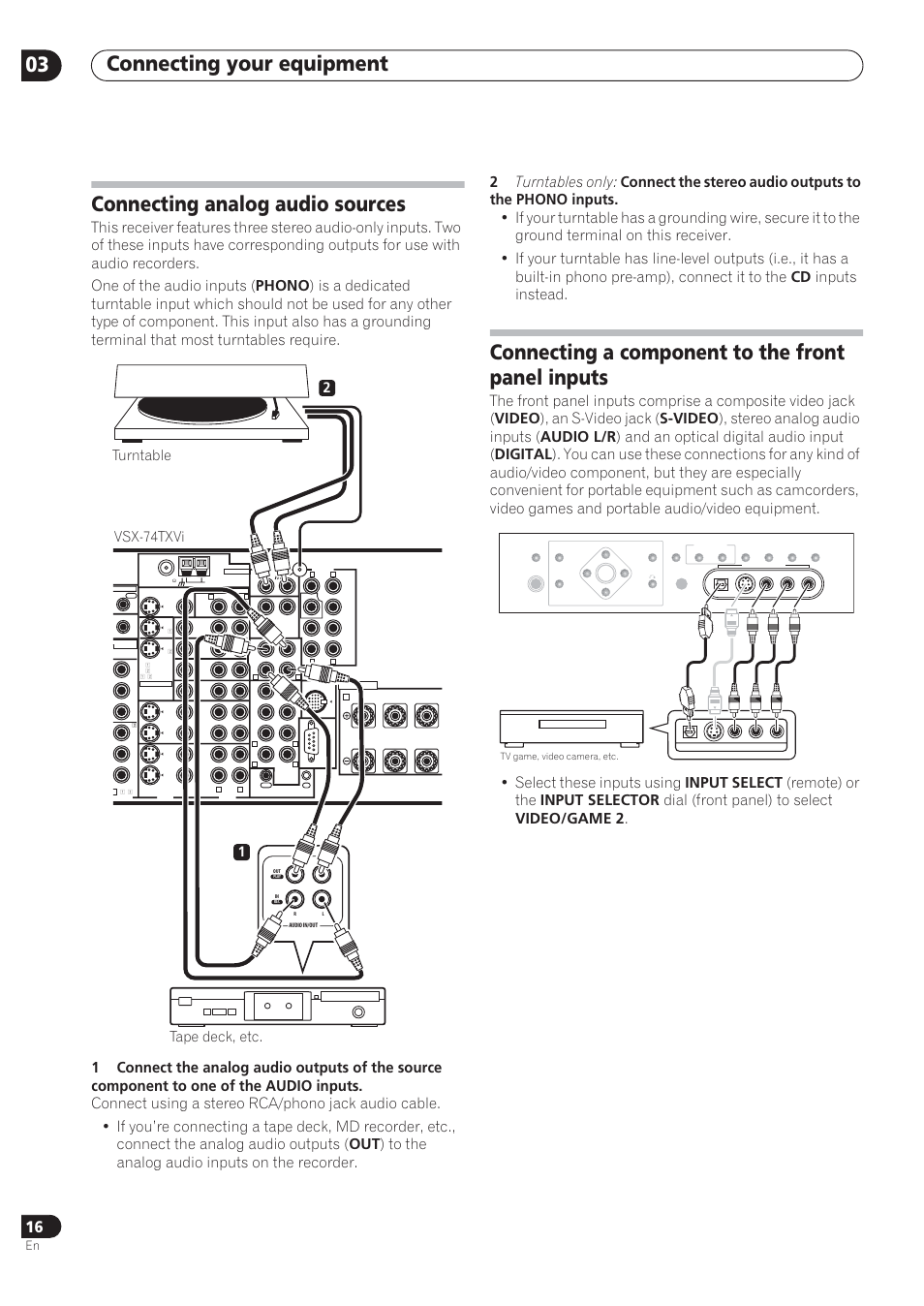 Connecting your equipment 03, Connecting analog audio sources, Connecting a component to the front panel inputs | Vsx-74txvi, 21 turntable tape deck, etc | Pioneer VSX-72TXV User Manual | Page 16 / 88