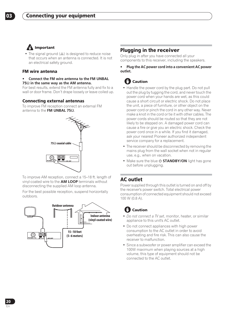 Connecting your equipment 03, Plugging in the receiver, Ac outlet | Pioneer VSX-72TXV User Manual | Page 20 / 88