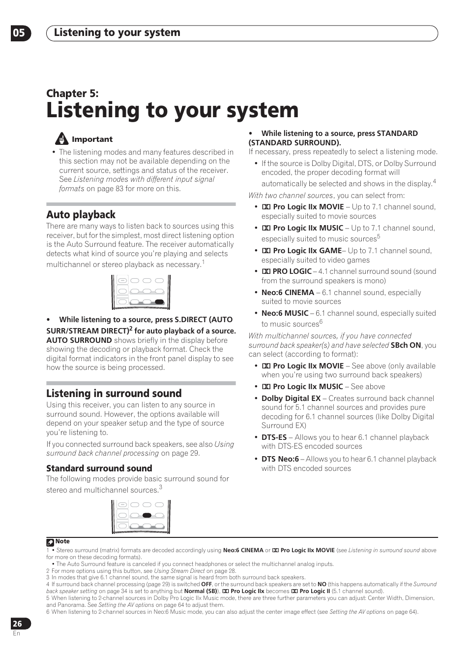 Listening to your system, Listening to your system 05, Chapter 5 | Auto playback, Listening in surround sound, Standard surround sound | Pioneer VSX-72TXV User Manual | Page 26 / 88