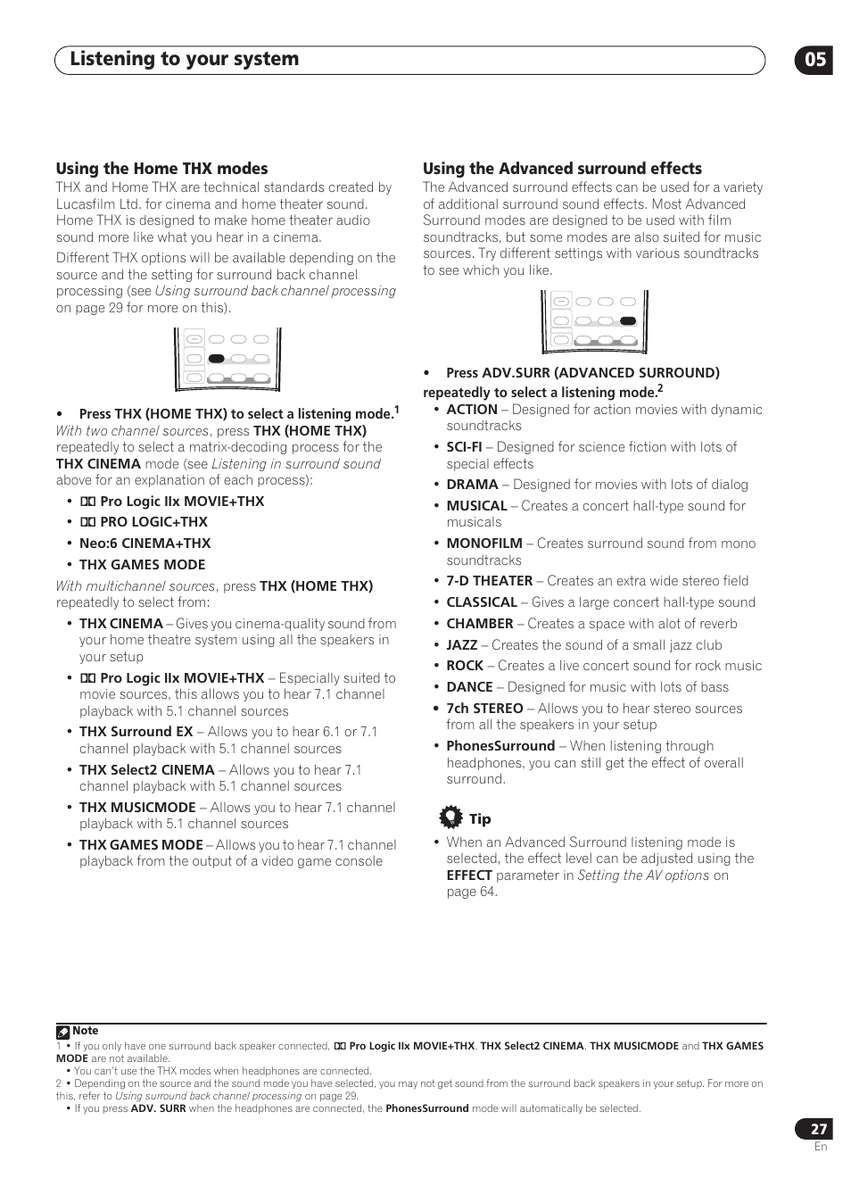 Listening to your system 05, Using the home thx modes, Using the advanced surround effects | Pioneer VSX-72TXV User Manual | Page 27 / 88