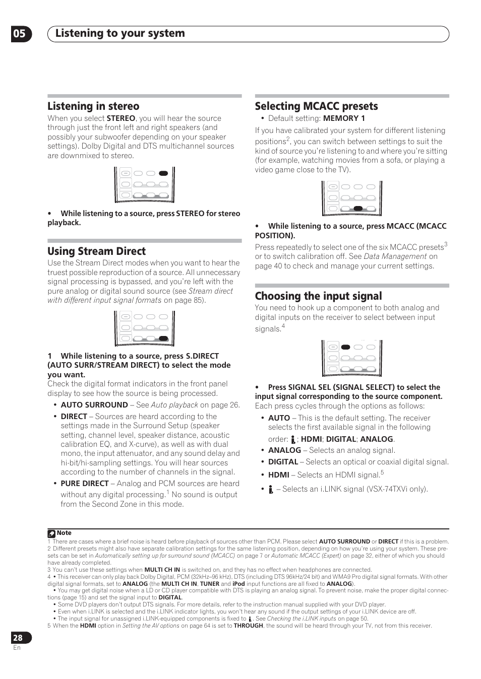 Listening to your system 05, Listening in stereo, Using stream direct | Selecting mcacc presets, Choosing the input signal, Selects an i.link signal (vsx-74txvi only) | Pioneer VSX-72TXV User Manual | Page 28 / 88