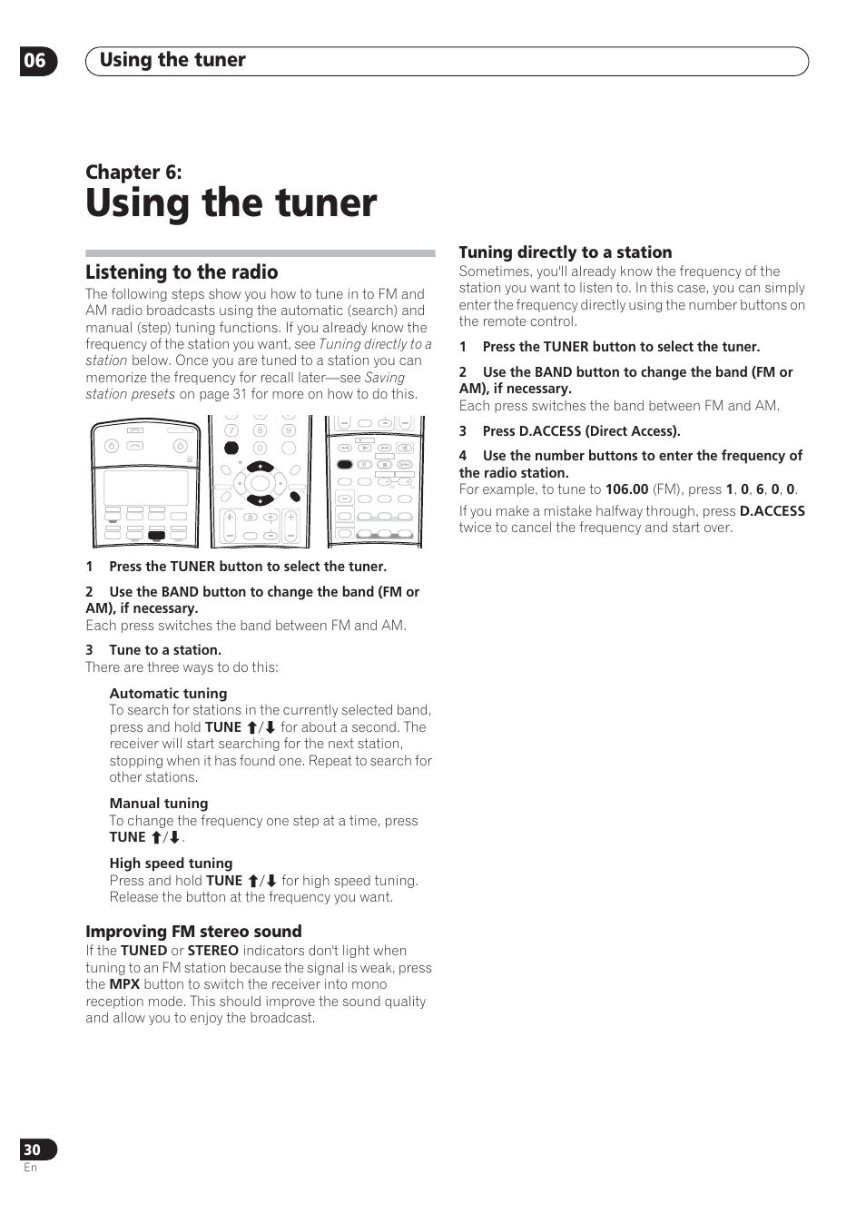 Using the tuner, Using the tuner 06, Chapter 6 | Listening to the radio, Improving fm stereo sound, Tuning directly to a station | Pioneer VSX-72TXV User Manual | Page 30 / 88