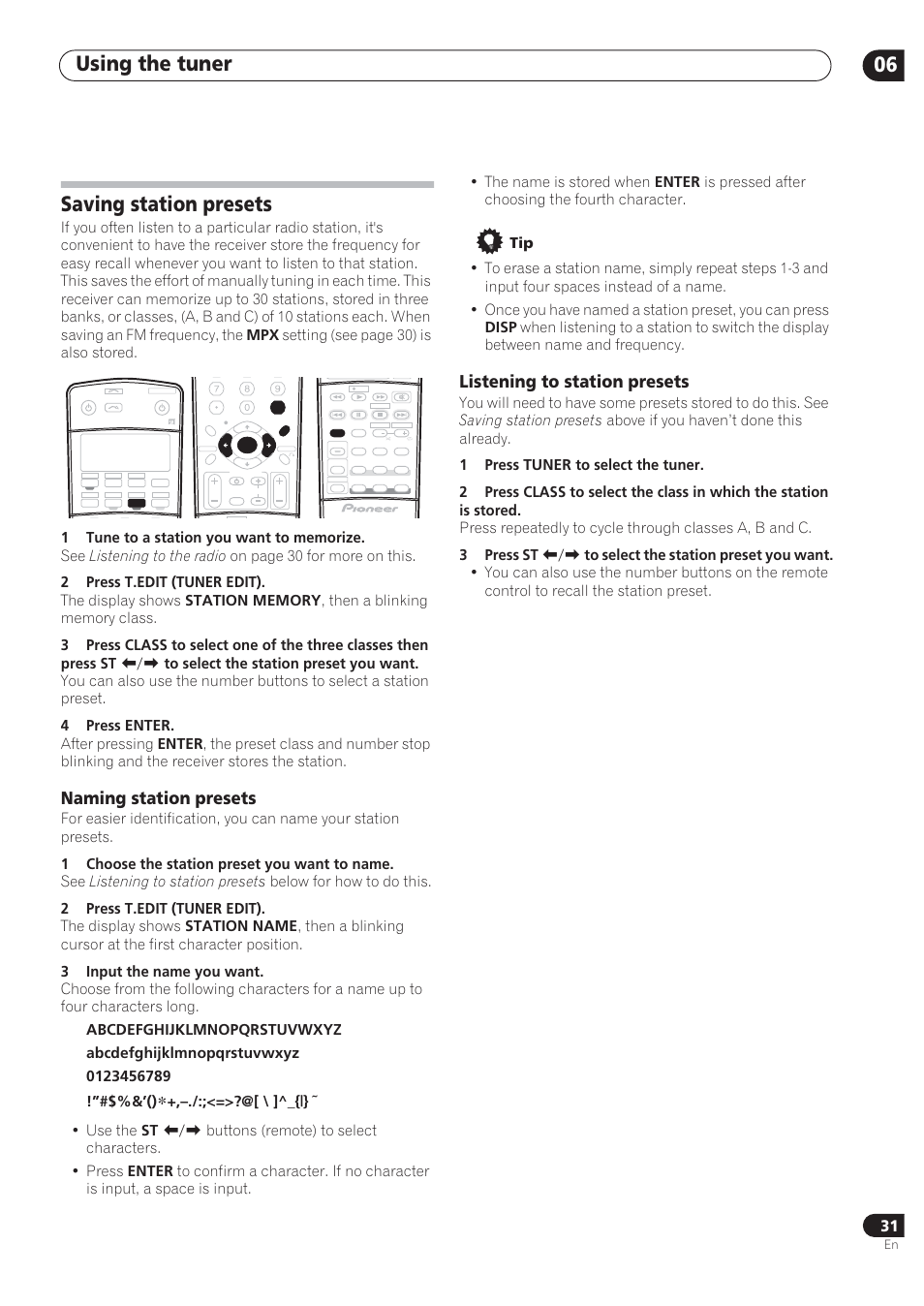 Using the tuner 06, Saving station presets, Naming station presets | Listening to station presets | Pioneer VSX-72TXV User Manual | Page 31 / 88