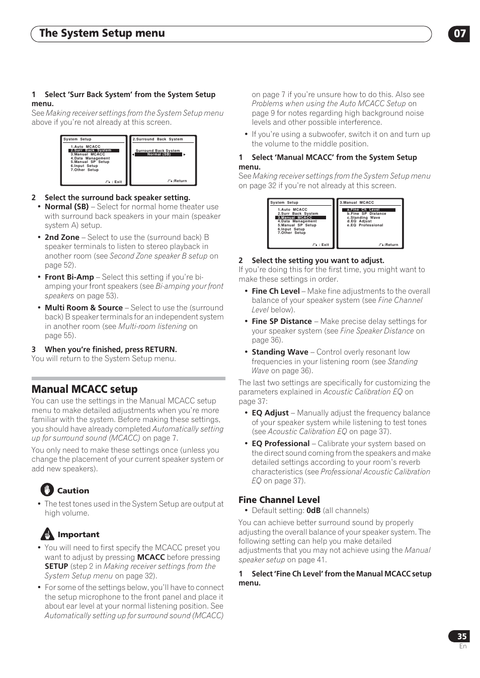 The system setup menu 07, Manual mcacc setup, Fine channel level | Pioneer VSX-72TXV User Manual | Page 35 / 88