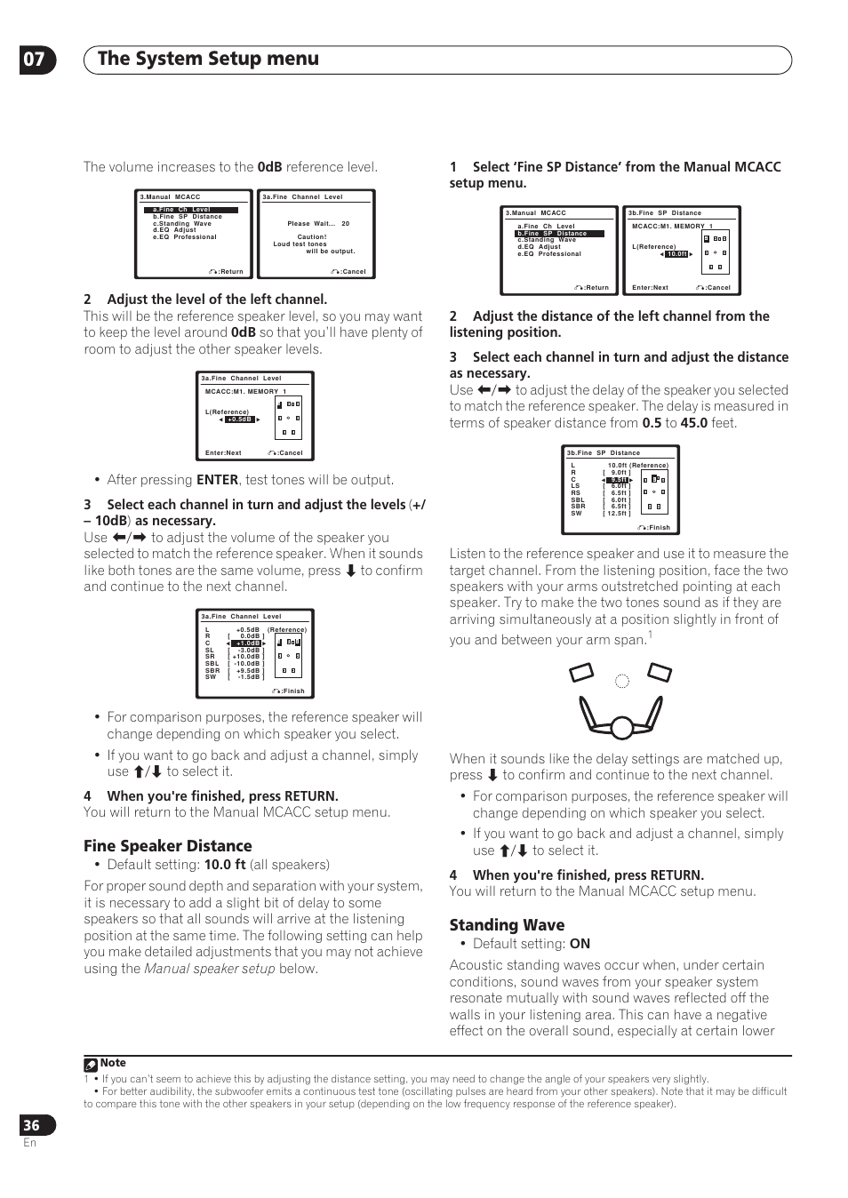 The system setup menu 07, Fine speaker distance, Standing wave | Pioneer VSX-72TXV User Manual | Page 36 / 88