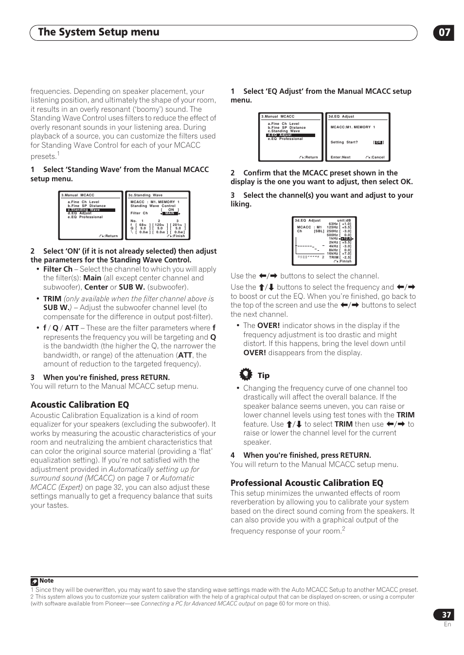 The system setup menu 07, Acoustic calibration eq, Professional acoustic calibration eq | Pioneer VSX-72TXV User Manual | Page 37 / 88