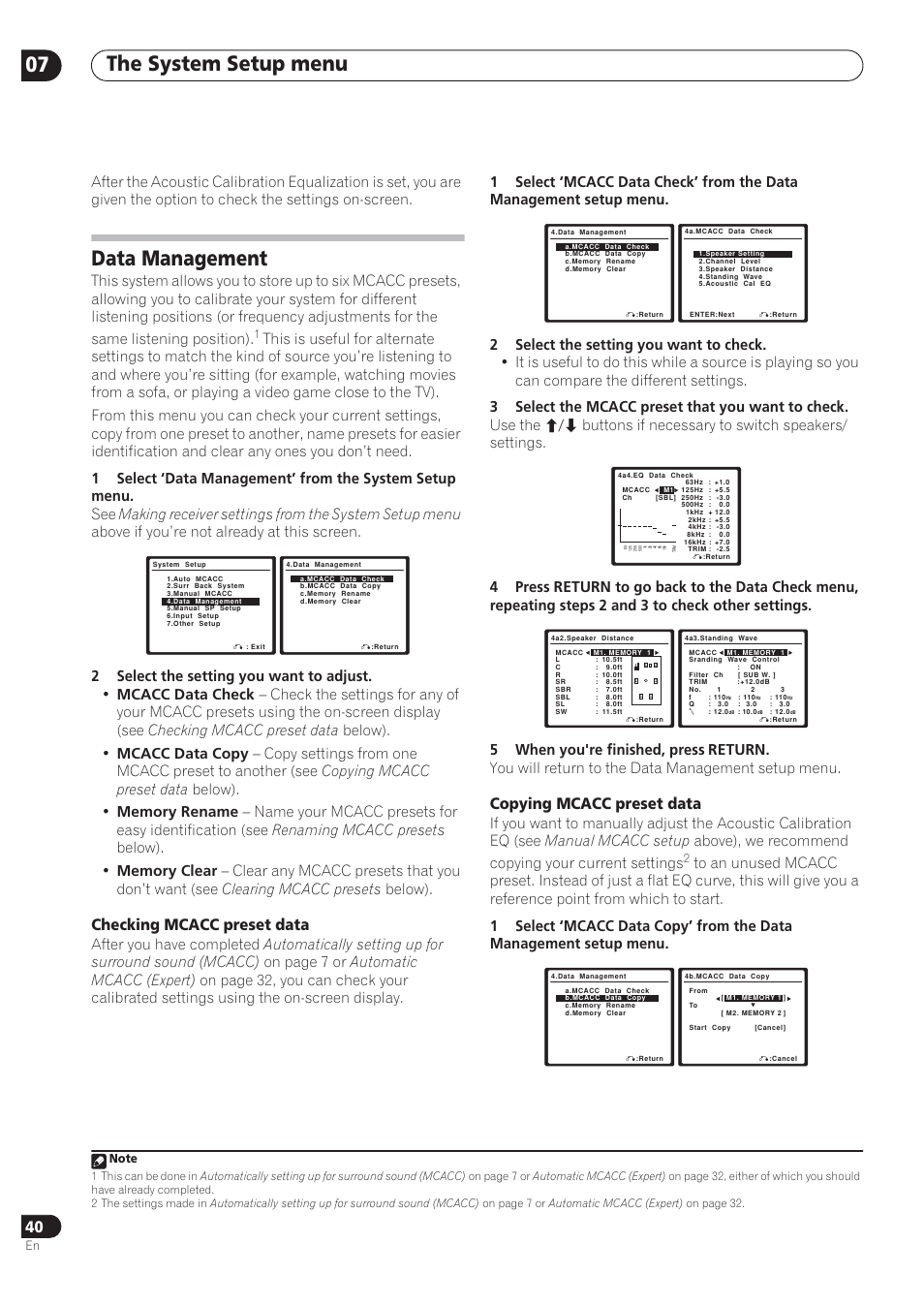 The system setup menu 07, Data management, Checking mcacc preset data | Copying mcacc preset data | Pioneer VSX-72TXV User Manual | Page 40 / 88