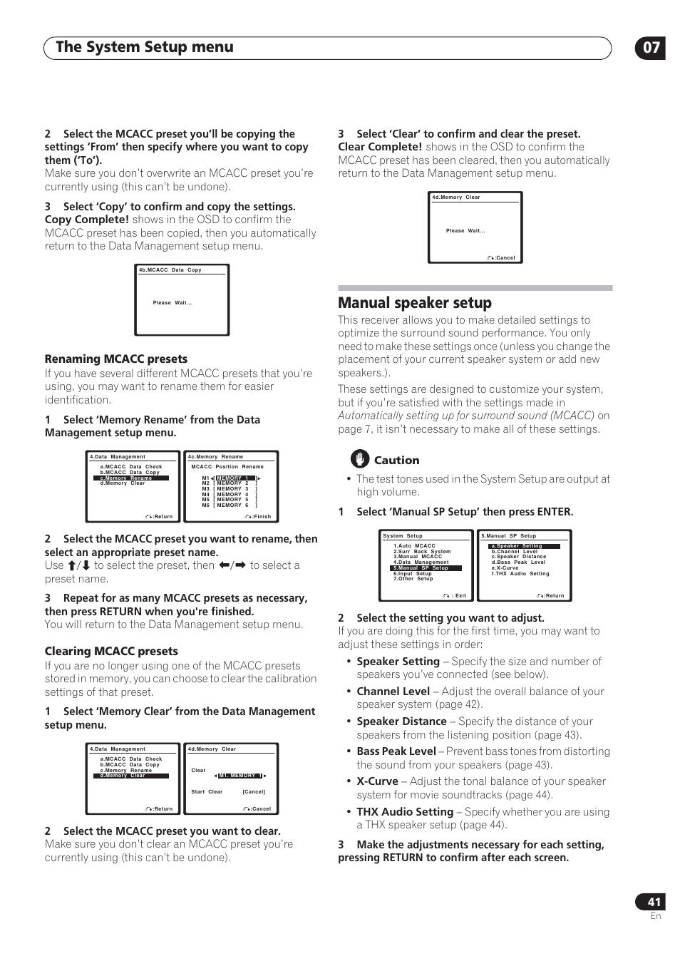 The system setup menu 07, Manual speaker setup, Renaming mcacc presets | Clearing mcacc presets | Pioneer VSX-72TXV User Manual | Page 41 / 88