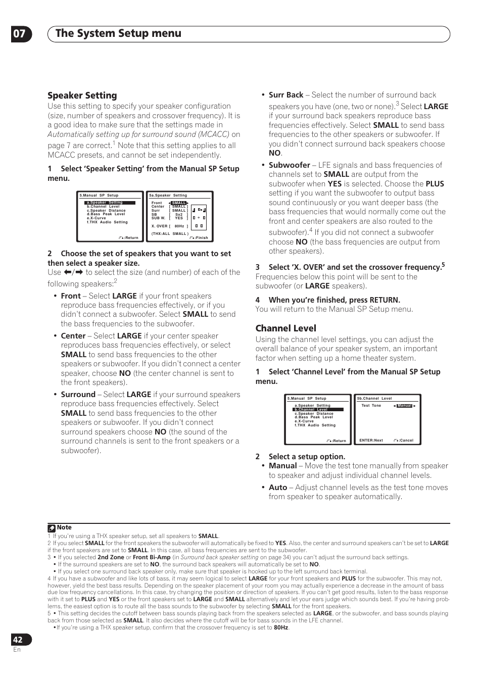 The system setup menu 07, Speaker setting, Channel level | Pioneer VSX-72TXV User Manual | Page 42 / 88