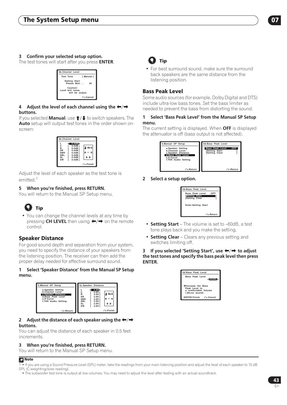 The system setup menu 07, Speaker distance, Bass peak level | Pioneer VSX-72TXV User Manual | Page 43 / 88