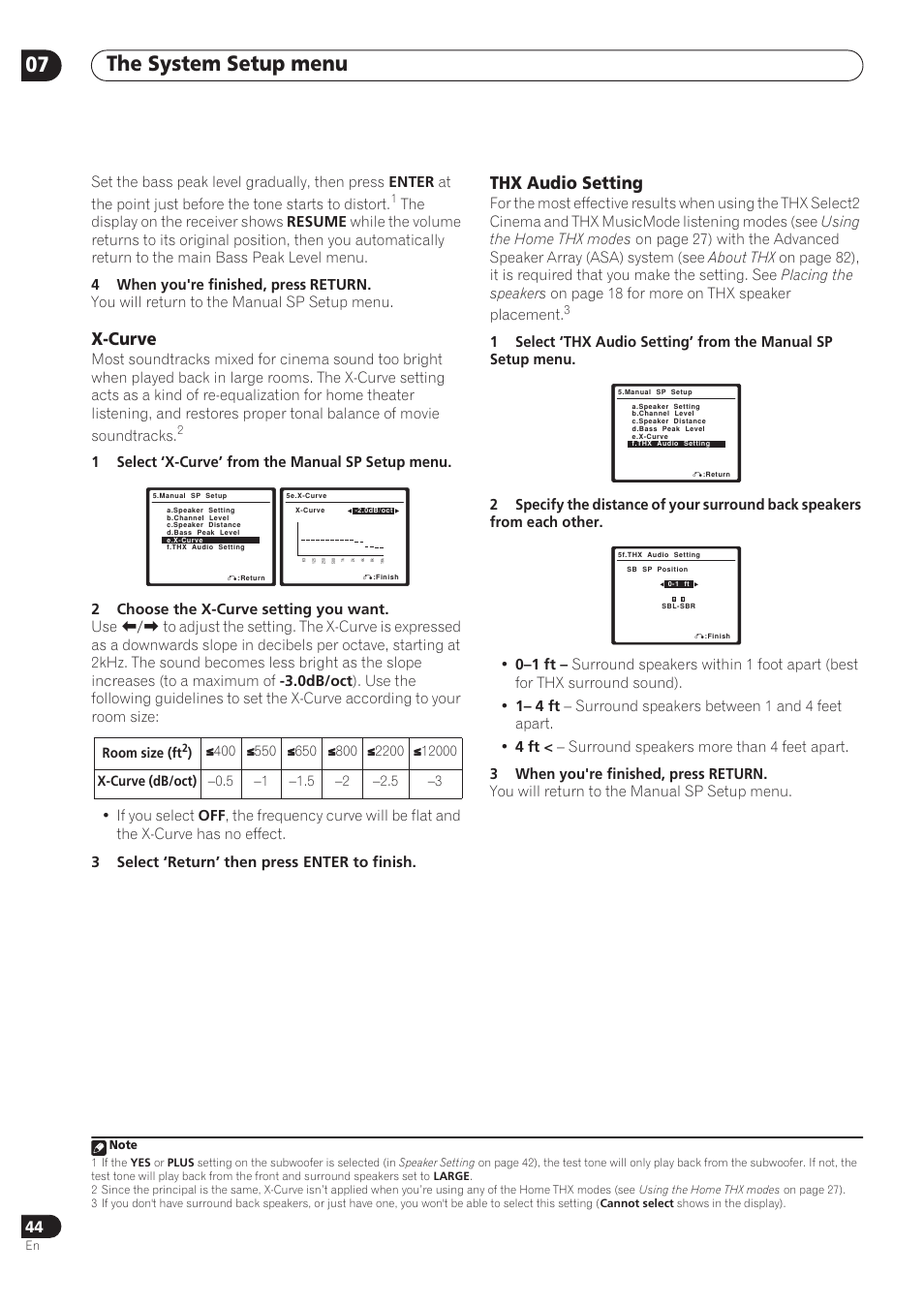 The system setup menu 07, X-curve, Thx audio setting | Pioneer VSX-72TXV User Manual | Page 44 / 88