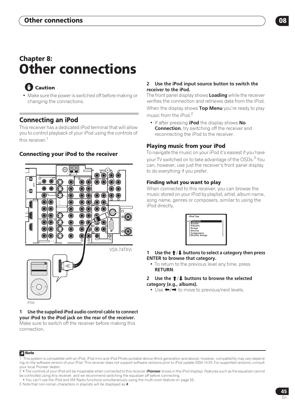 Other connections, Other connections 08, Chapter 8 | Connecting an ipod, Connecting your ipod to the receiver, Playing music from your ipod, Finding what you want to play, Vsx-74txvi, Ipod | Pioneer VSX-72TXV User Manual | Page 45 / 88