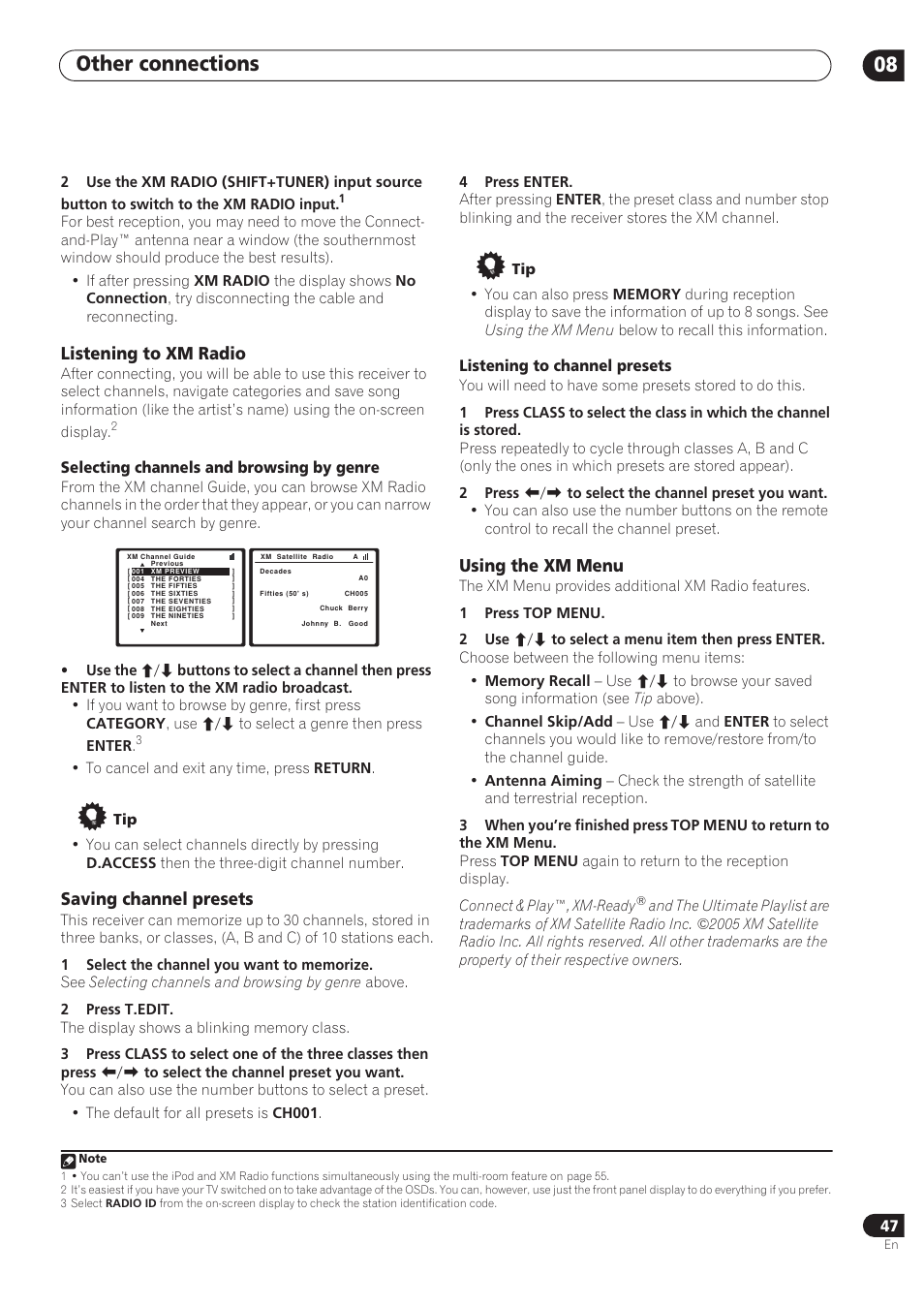 Other connections 08, Listening to xm radio, Saving channel presets | Using the xm menu | Pioneer VSX-72TXV User Manual | Page 47 / 88