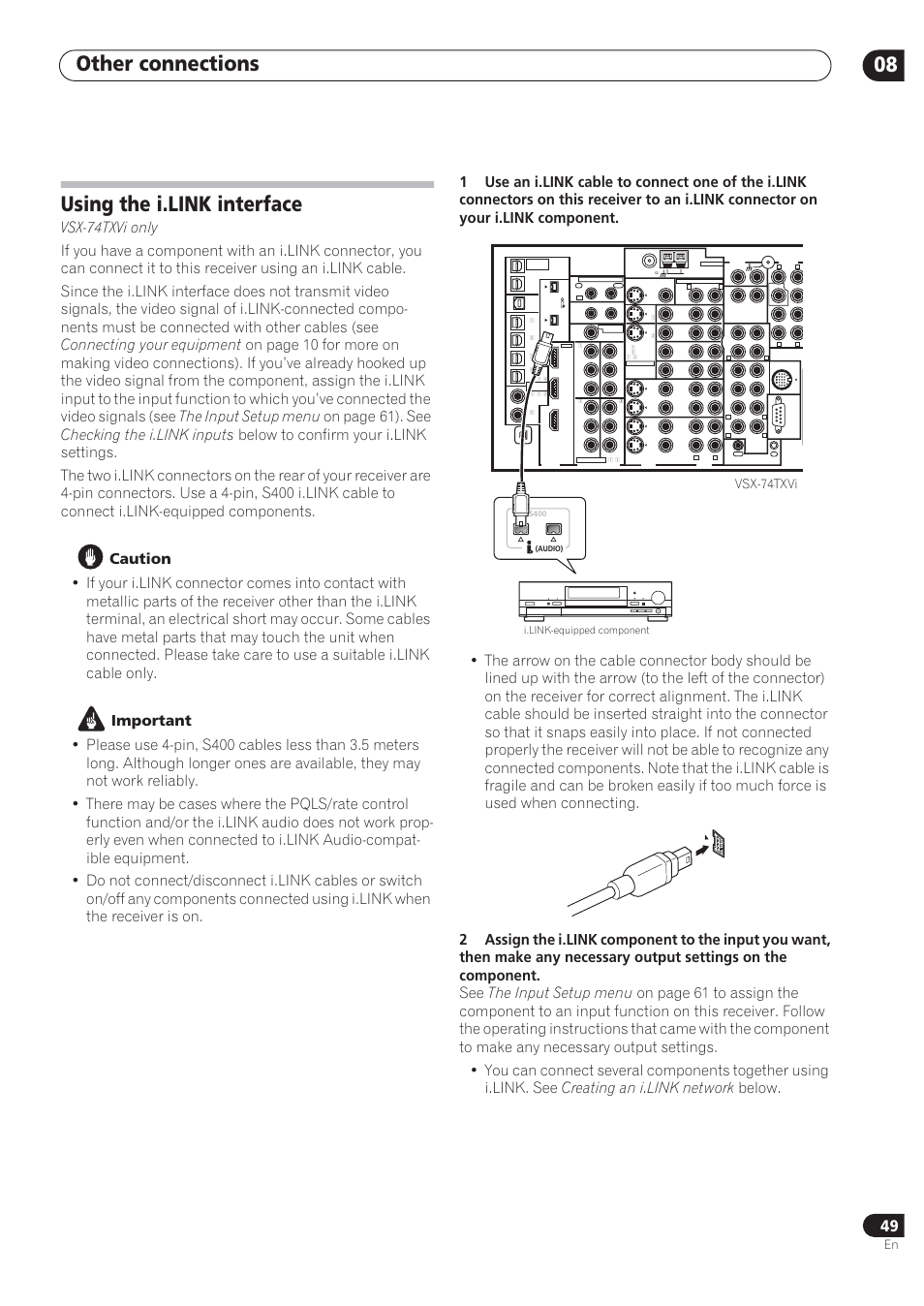 Other connections 08, Using the i.link interface, Vsx-74txvi | I.link-equipped component | Pioneer VSX-72TXV User Manual | Page 49 / 88