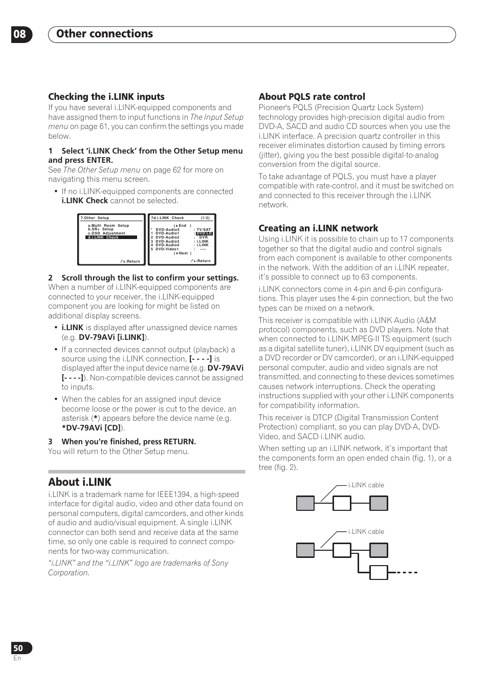Other connections 08, About i.link, Checking the i.link inputs | About pqls rate control, Creating an i.link network | Pioneer VSX-72TXV User Manual | Page 50 / 88