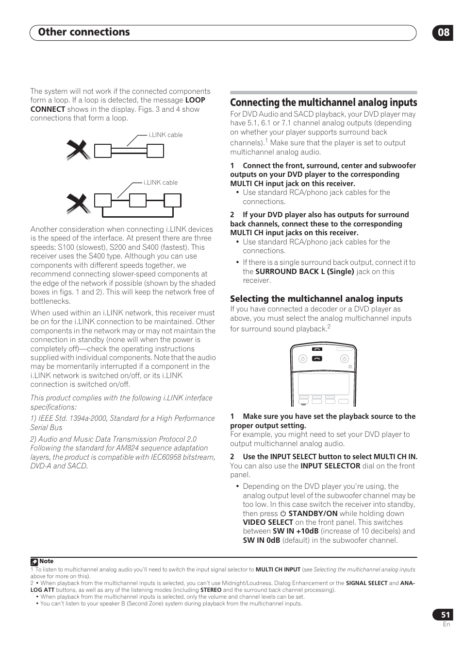 Other connections 08, Connecting the multichannel analog inputs, Selecting the multichannel analog inputs | Pioneer VSX-72TXV User Manual | Page 51 / 88