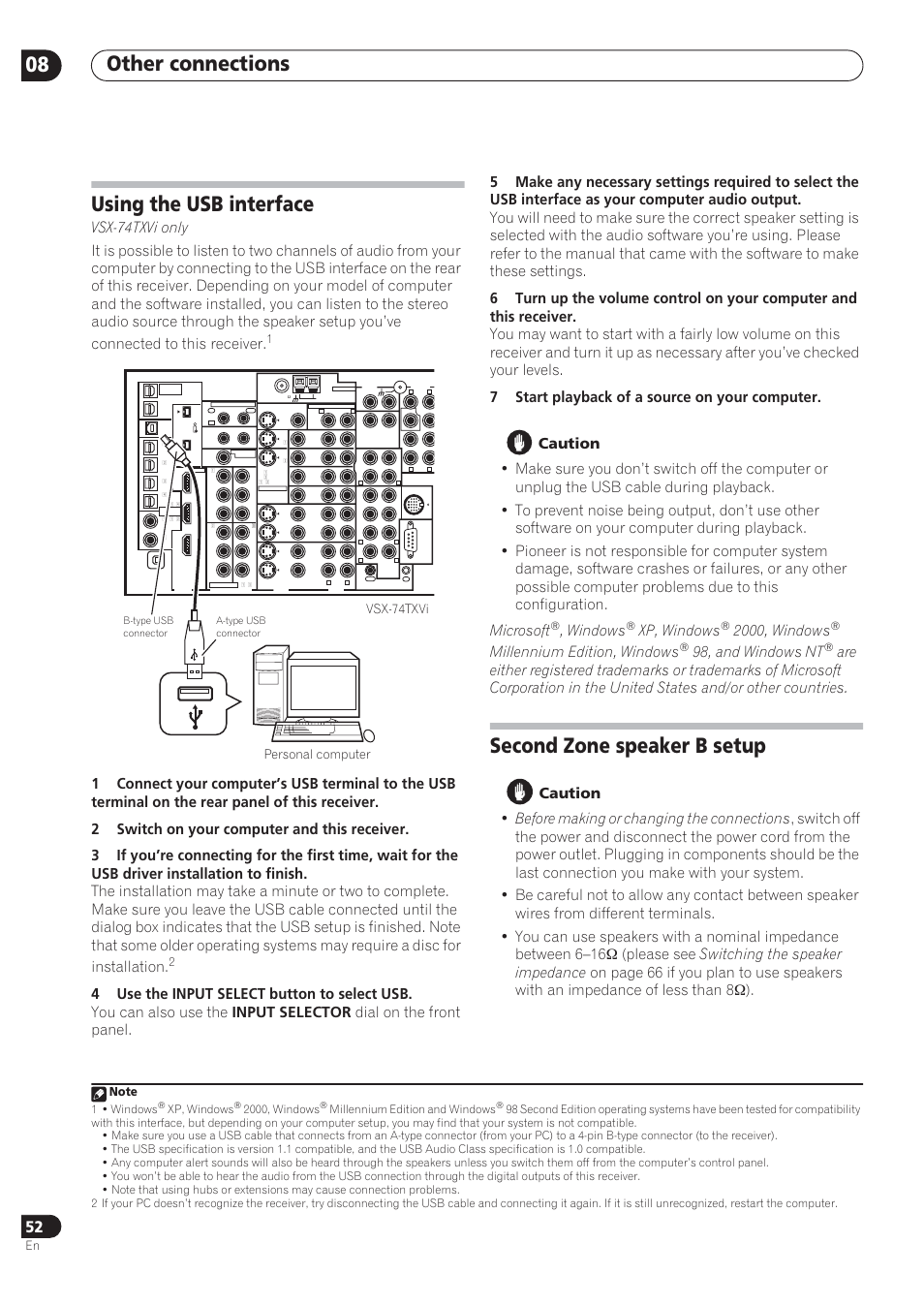 Other connections 08, Using the usb interface, Second zone speaker b setup | Windows, Xp, windows, 2000, windows, Millennium edition, windows, 98, and windows, Vsx-74txvi personal computer, Millennium edition and windows | Pioneer VSX-72TXV User Manual | Page 52 / 88