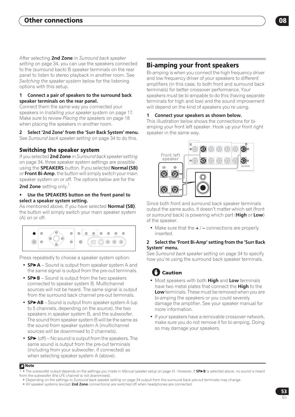 Other connections 08, Bi-amping your front speakers, Switching the speaker system | Front left speaker | Pioneer VSX-72TXV User Manual | Page 53 / 88